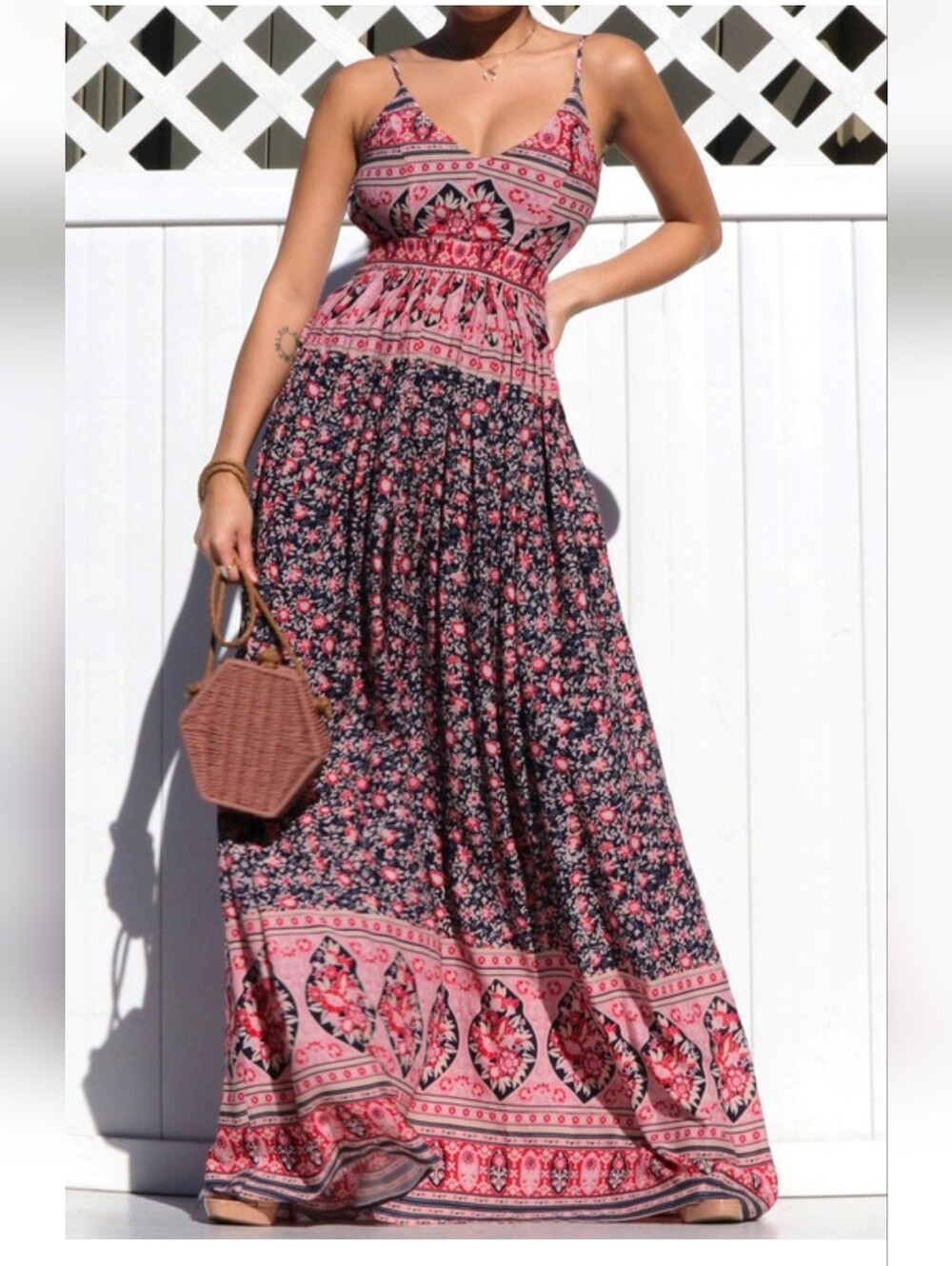 Boho Flora Print Rayon Maxi Dress Adjustable Spaghetti Straps In Pink & Navy NWT